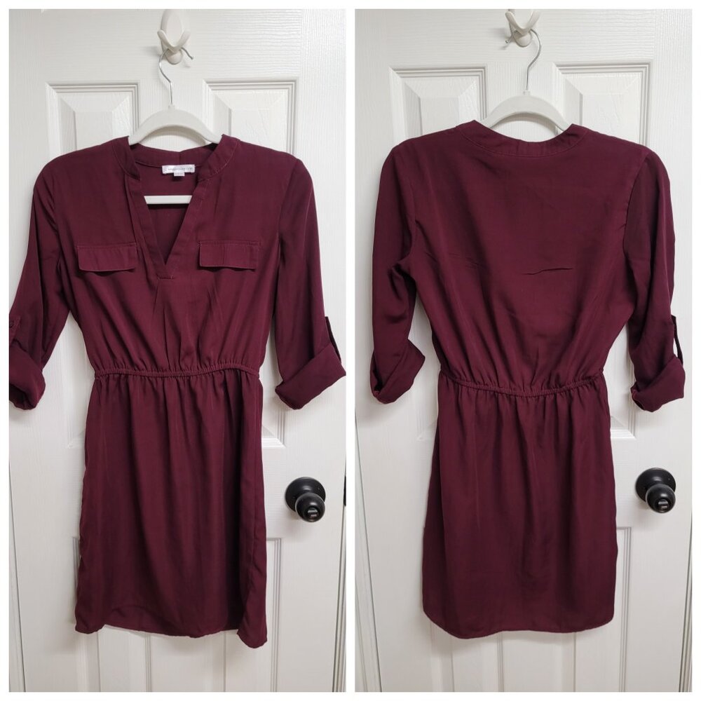 Pullover shirt dress with roll tab sleeves, XS